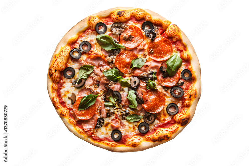 Delicious pepperoni pizza with fresh toppings on a wooden table. Delicious pepperoni pizza with fresh toppings on a wooden table.