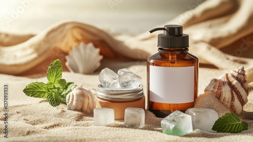 Gorgeous tropical flat lay of skincare essentials: a classic pump bottle and a rounded jar with blank labels ice cubes mint leaves and seashells artfully arranged on soft sand