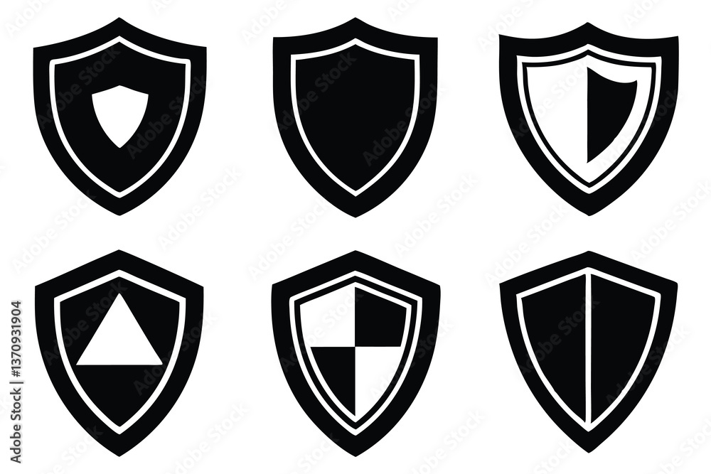 Shiny silver shield vector set icons Shiny silver shield vector set icons