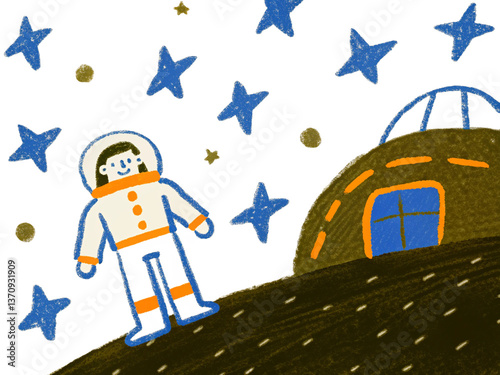 Fototapeta Naklejka Na Ścianę i Meble -  A hand-drawn astronaut floating near a retro-futuristic space station, with stippled star fields and neon holographic accents Transparent