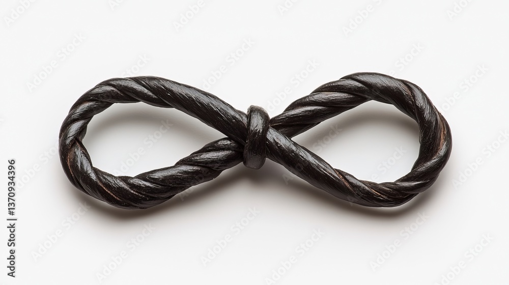 A black twisted rope shaped into an infinity symbol on a white background. A black twisted rope shaped into an infinity symbol on a white background.