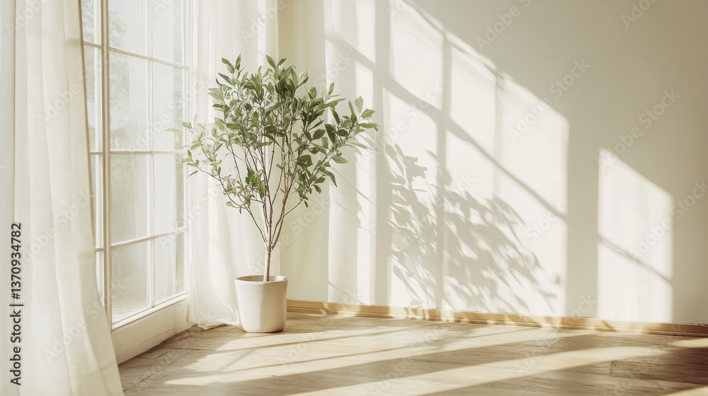 Fototapeta premium A quiet minimalist corner in an empty house, featuring a lone potted plant, a thin white curtain, and pale walls 