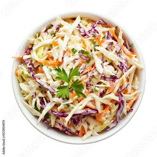 Fresh coleslaw salad garnished with parsley, vibrant colors and textures in a bowl.