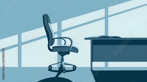 Modern office workspace with an empty chair and sunlight streaming through large windows during the day 