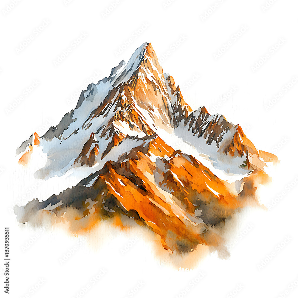 Watercolor painting of a majestic snow-capped mountain peak featuring warm earthy tones and hazy cloud effects.
