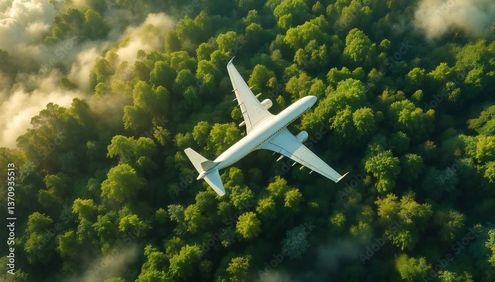 Fototapeta premium Airplane flying over lush green forest with morning mist.