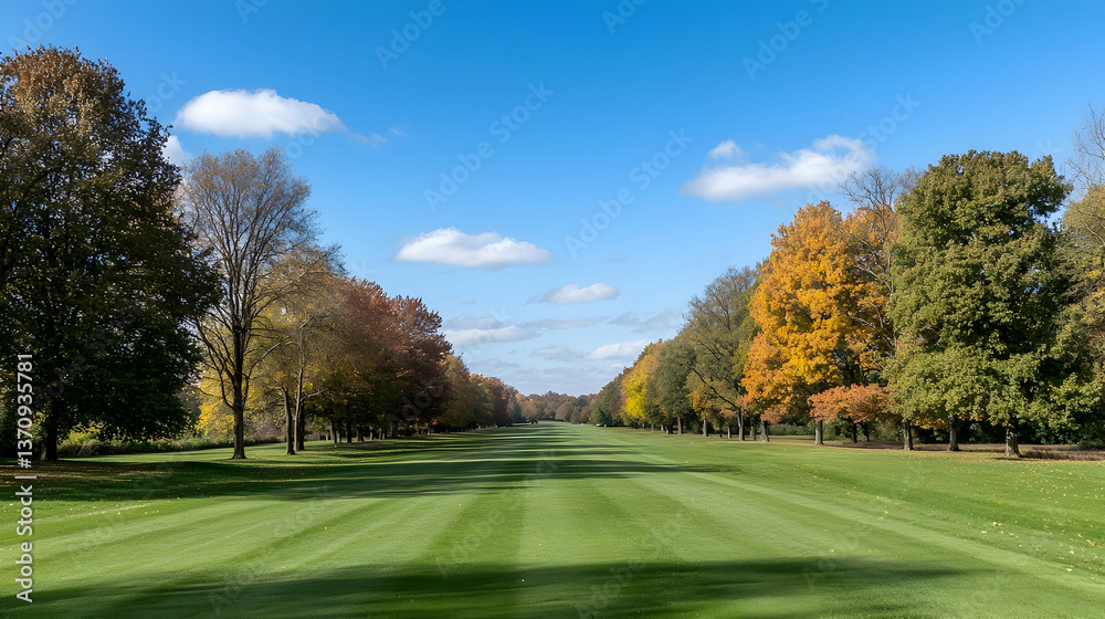 Panoramic View Of Trees Lining A Green Lawn Under A Clear Blue Sky During Autumn Season Panoramic View Of Trees Lining A Green Lawn Under A Clear Blue Sky During Autumn Season