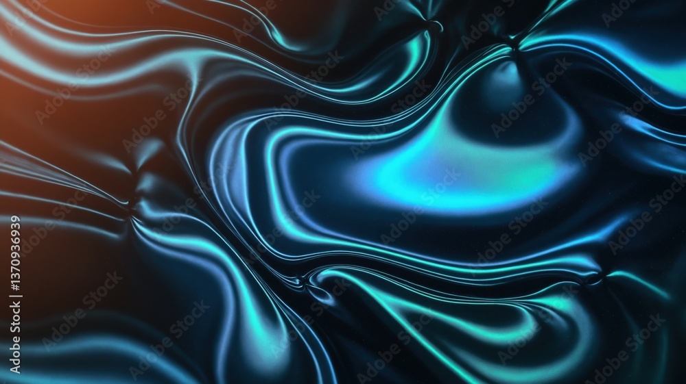 Obraz premium Abstract background of dark, almost black, liquid metal with strong petrol-like iridescence, deep blues, greens, and purples shifting across a smooth, oily surface, moody atmosphere, detailed texture