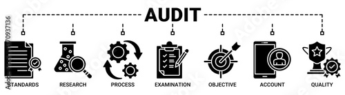 Audit banner web icon vector illustration concept with icons solid black color symbol background.