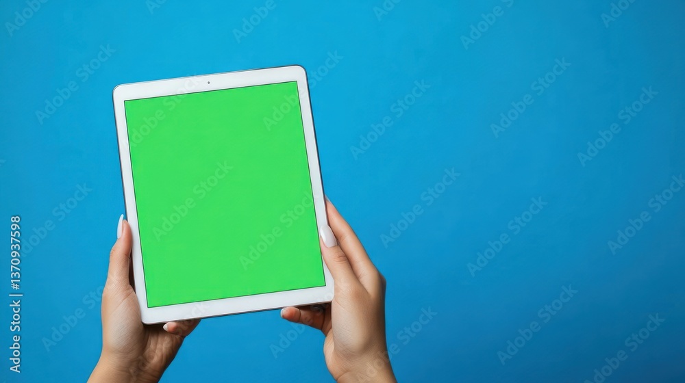 Hands holding a tablet with a green screen on a solid blue background. Hands holding a tablet with a green screen on a solid blue background.