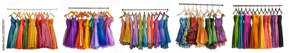 Colorful Diverse Dresses Hanging on Racks in Bright Display, PNG bundle collection, Isolated on Transparent Background Colorful Diverse Dresses Hanging on Racks in Bright Display, PNG bundle collection, Isolated on Transparent Background