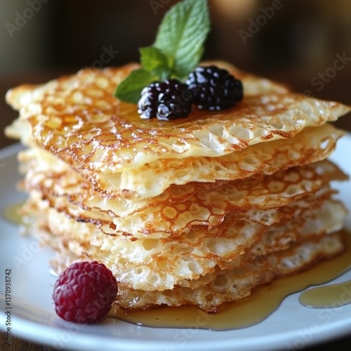 Delicious Stack of Lacey Crepes Topped with Fresh Blackberries Raspberry and Mint Sprig on a White Plate