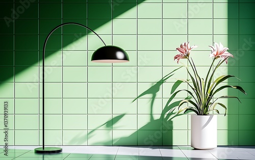 Green wall with lamp, flowers, and sunlight.