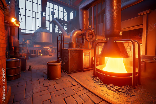 Interior of a foundry furnace, with detailed views of the heating elements and molten metal