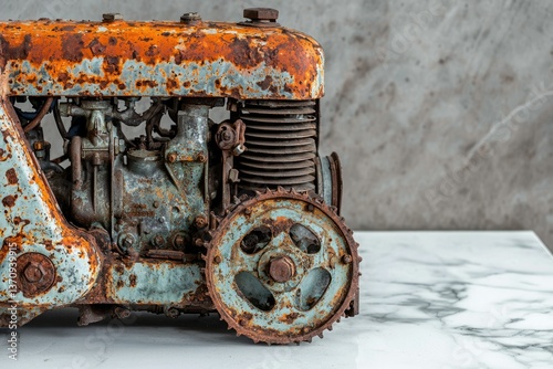 A heavily rusted vintage engine showcasing intricate mechanical parts and a vibrant, textured surface due to corrosion and age.