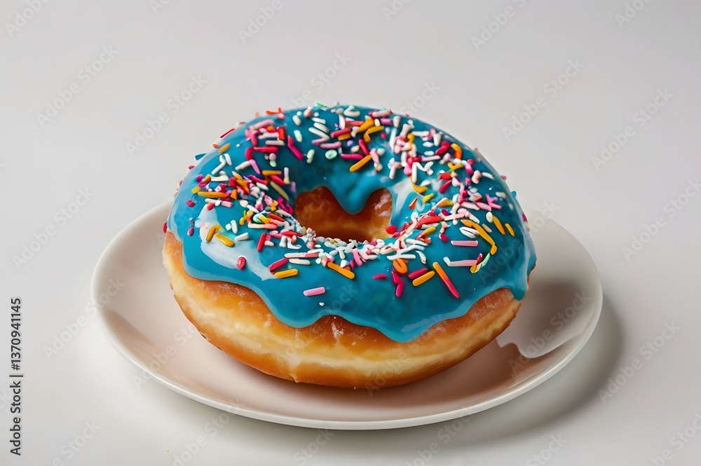 Fresh sweet donuts multicolored fruit glaze and sprinkles decorated, donut on white background, donut on plate Fresh sweet donuts multicolored fruit glaze and sprinkles decorated, donut on white background, donut on plate