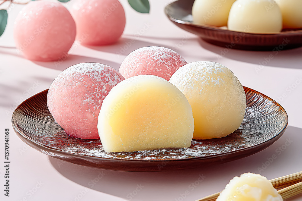 Fototapeta premium Plate of assorted desserts, including a pink and white dessert and a yellow dessert, sits on a table