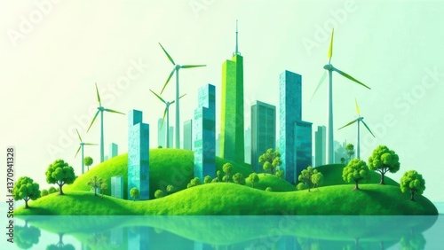 Sustainable cityscape with green buildings, wind turbines, and lush vegetation reflecting in water, showcasing eco-friendly urban development concept