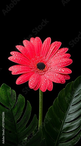Pink Gerbera Daisy with Dew Drops, and Black BG.