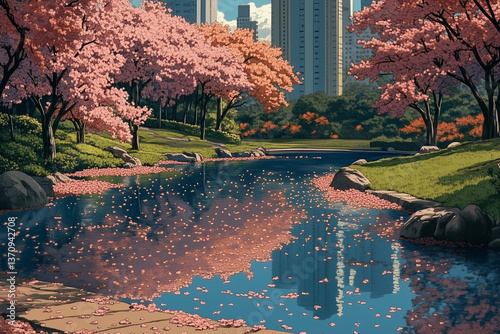 Serene park with cherry blossoms reflecting in water in the city  