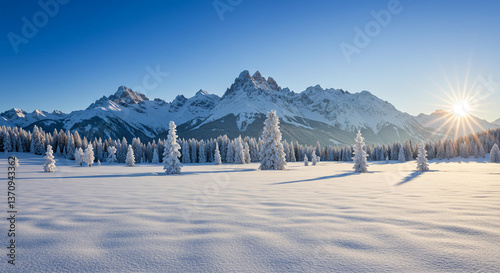 Majestic Winter Landscape Snow Covered Trees and Mountain Range at Sunrise