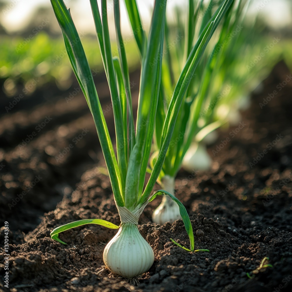 Fototapeta premium Row of Organic Onions Growing in Rich Soil at Sunset in a Farm Field Agriculture Concept