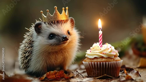 Cute hedgehog birthday scene with cupcake