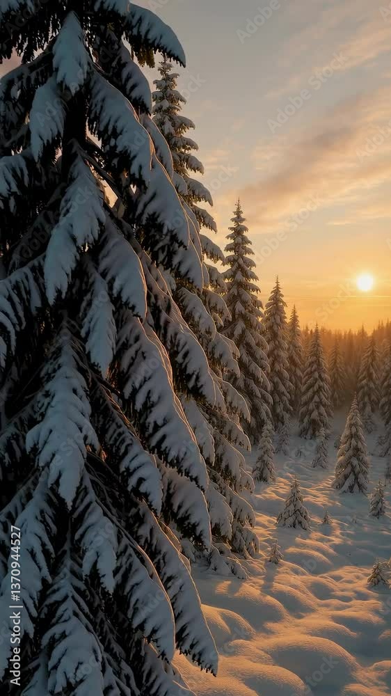 Paysage hivernal vertical avec sapins enneigés au lever du soleil, lumière dorée sur la neige intacte, ambiance calme et naturelle en forêt sous un ciel nuageux