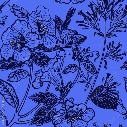 Seamless botanical pattern, linear floral composition, simple vector drawing of flowers. 