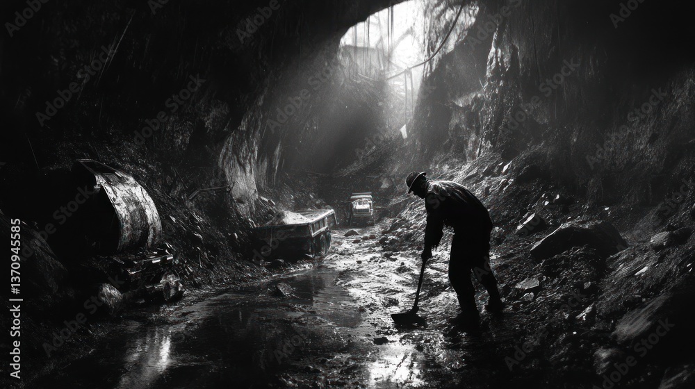 Fototapeta premium Monochromatic depiction of a miner clearing a submerged haulage path underground