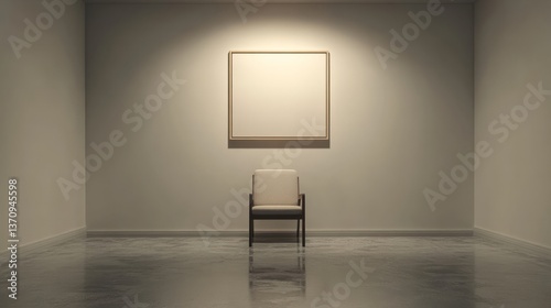 A sparse corner in an empty room, a lone chair and simple artwork on the wall, soft neutral tones