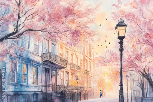 Serene street scene with blooming cherry blossoms at sunset  