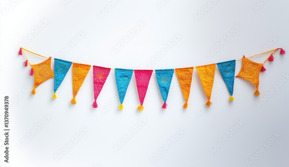 Fototapeta premium Festive Bunting: Colorful fabric bunting adds a touch of cheer to any celebration. Vibrant pennants in yellow, blue, and pink adorn the background, creating a cheerful atmosphere.