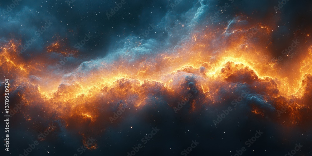 Vibrant cosmic cloud with fiery colors illuminating the night sky in a vast universe of swirling gases Vibrant cosmic cloud with fiery colors illuminating the night sky in a vast universe of swirling gases