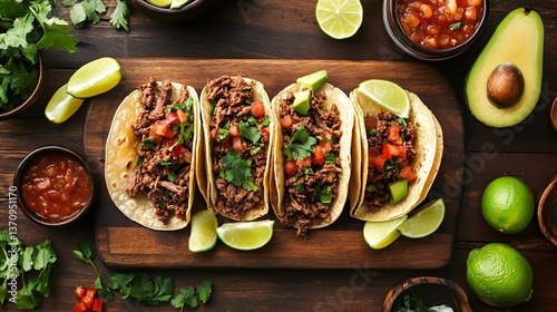 Wallpaper Mural Flat lay of a cutting board surrounded by taco shells, seasoned meat, fresh avocado slices, and lime wedges Torontodigital.ca