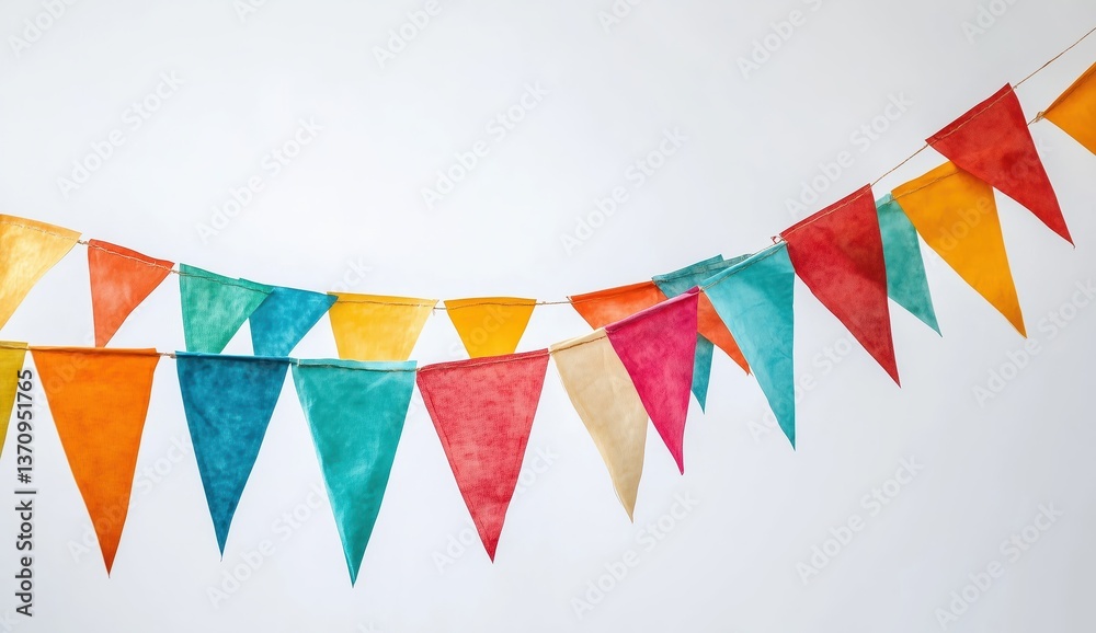 Fototapeta premium Festive Garland of Colors: A vibrant array of triangular flags hangs in a cheerful display, casting a playful atmosphere, Perfect for celebrations and adding a touch of artistry to any space.