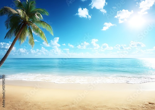 Palm tree next to ocean with a bright blue sky and clouds