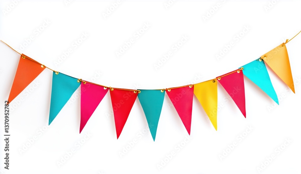 Fototapeta premium Colorful Garland of Celebration: A festive garland of brightly colored triangular flags is strung, bringing a burst of joy to the scene, evoking feelings of celebration and happiness.