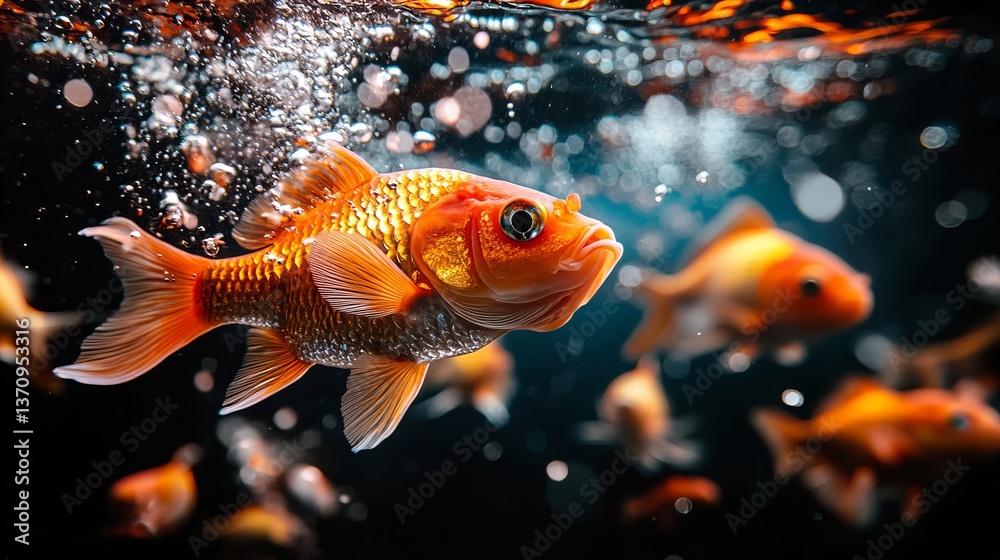 Orange goldfish swims in clear water with scattered bubbles and other goldfish visible in the dark background. Orange goldfish swims in clear water with scattered bubbles and other goldfish visible in the dark background.