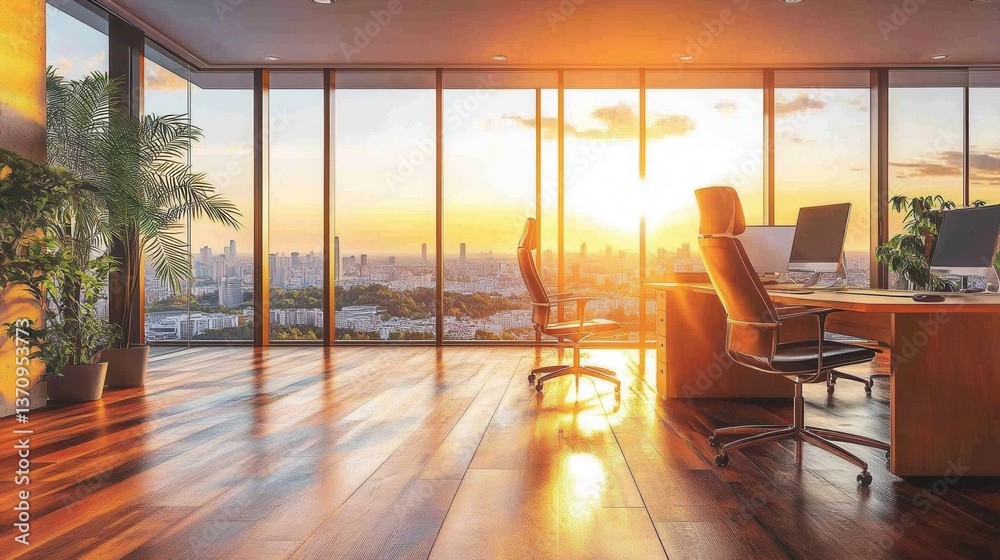 Fototapeta premium Serene office interior at sunset with city view modern desk and chair in sunlit workspace hardwood floor
