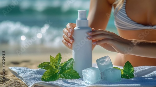 Relaxing beach moment with a woman gently massaging cooling after-sun lotion from a blank-labeled bottle into her skin