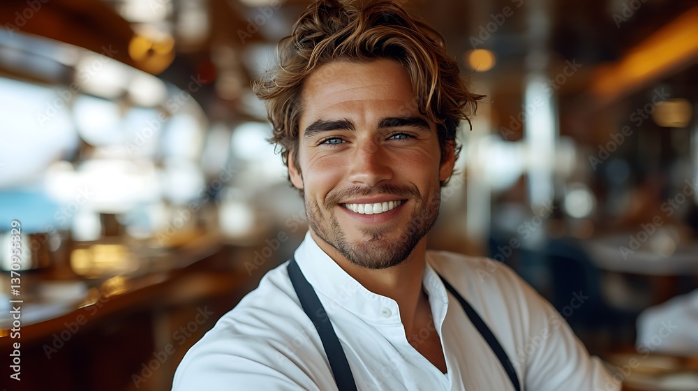 Man smiles at cafe, happy customer Man smiles at cafe, happy customer