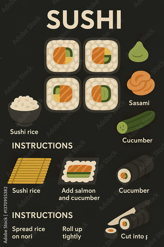 Flat vector sushi ingredients arranged on black educational poster background