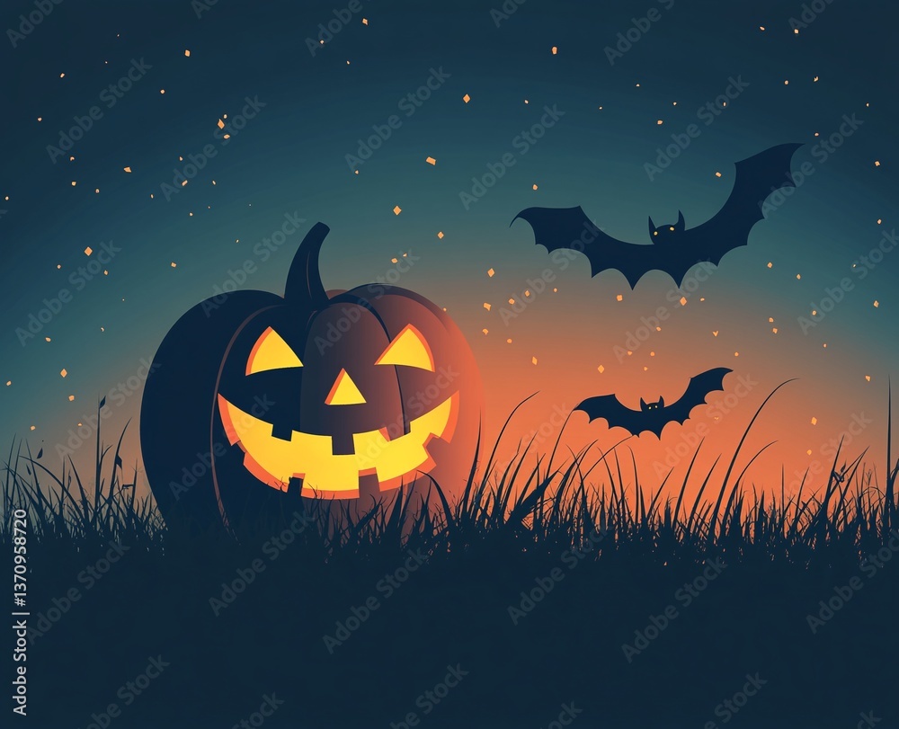 Fototapeta premium Spooky season vibes! A jack-o'-lantern glows in a field under a twilight sky, with bats flying overhead.