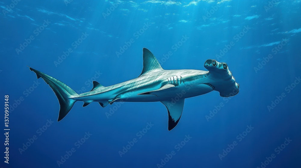 Fototapeta premium A graceful hammerhead shark glides through the deep blue ocean