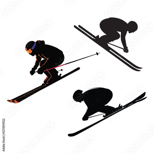Skiing Silhouettes Alpine Skiers in Action, Winter Sports, and Athletic Movement