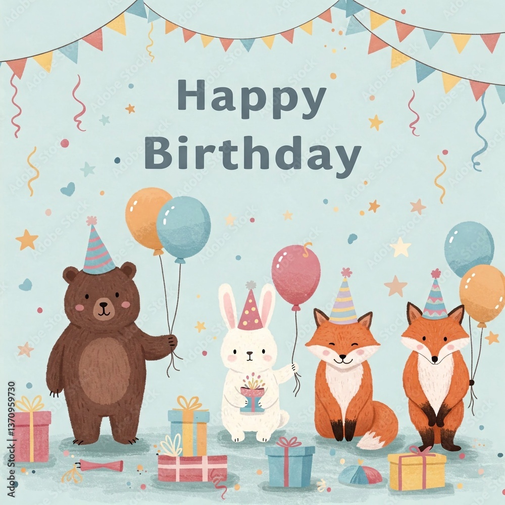 A fun birthday illustration with animals in hats, balloons and gifts. Perfect for greetings, kids parties and festive design. A fun birthday illustration with animals in hats, balloons and gifts. Perfect for greetings, kids parties and festive design.