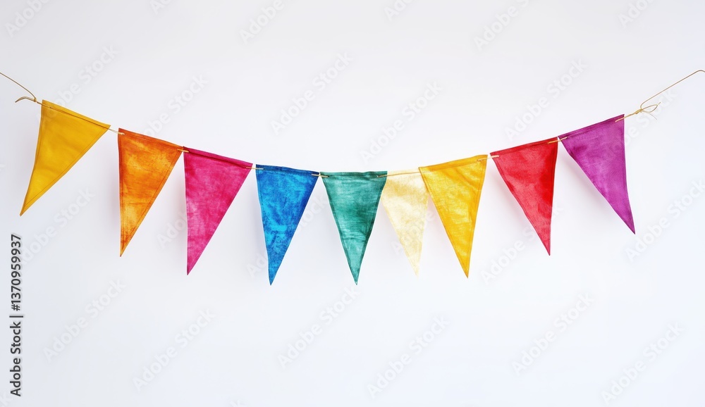 Fototapeta premium Colorful Celebration Flags: A vibrant string of colorful triangle flags suspended, ready to add a splash of joy to any celebration or event. The flags exude cheerfulness and festive atmosphere.