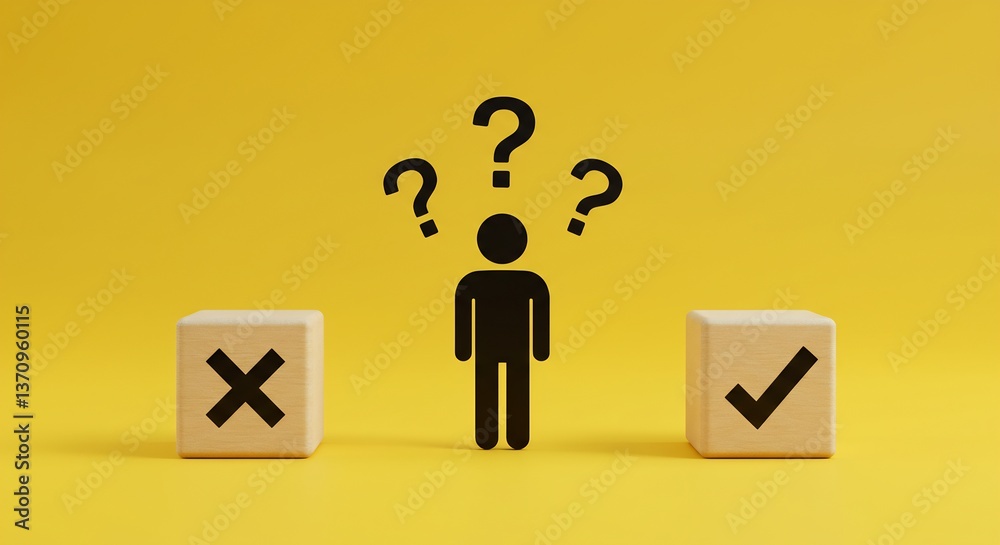 Conceptual 3D Illustration of a Person Facing a Decision with Yes and No Options, Question Marks Above, Yellow Background Conceptual 3D Illustration of a Person Facing a Decision with Yes and No Options, Question Marks Above, Yellow Background