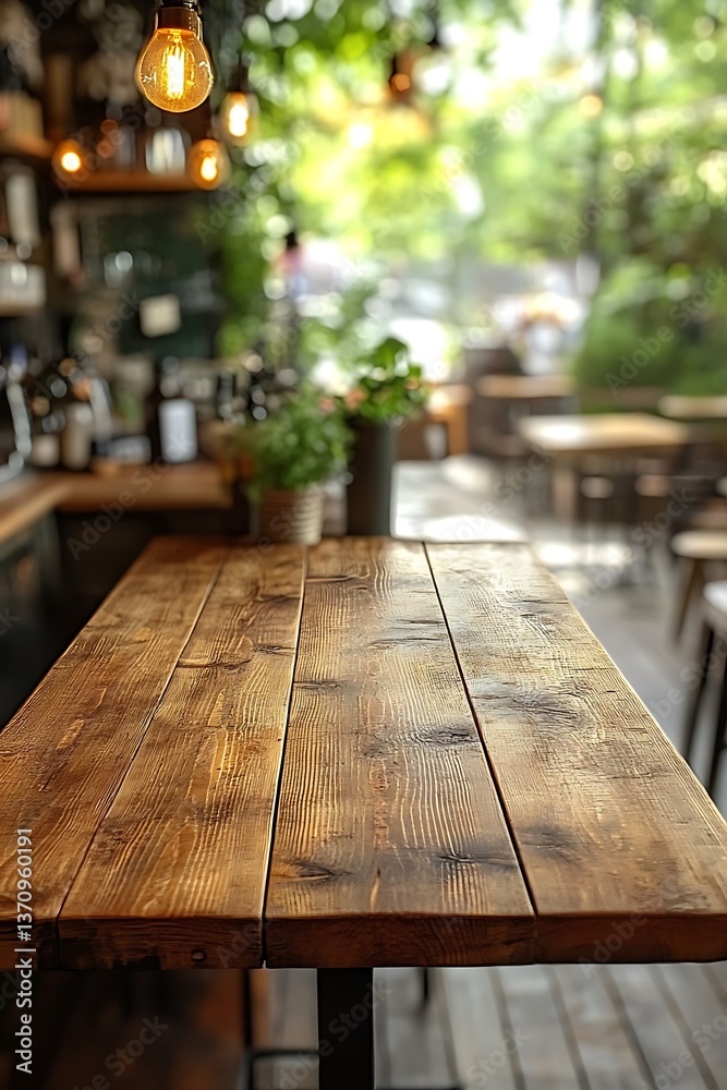 A rustic wooden table sits in a naturally lit restaurant setting A rustic wooden table sits in a naturally lit restaurant setting
